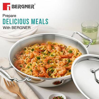 BERGNER Argent Triply 34cm Kadai with Stainless Steel Lid, 7.8 Liters Large Kadhai, Even and Faster Heating, Consumes Less Oil, Healthy Cooking, Stay Cool Cast Handles - Induction and Gas Stove Ready