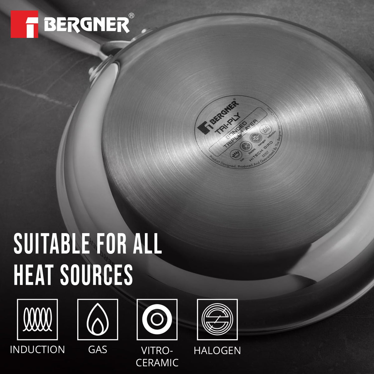 BERGNER Hi-Tech Giro Triply Stainless Steel 24cm Frypan with Glass Lid, Honeycomb Mesh Non-Stick Coating, PFOA Free, Consumes Less Oil, Healthy Cooking, Even Heat Distribution - Induction Bottom
