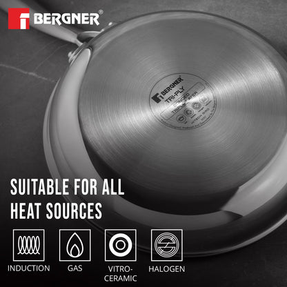 BERGNER Hi-Tech Giro Triply Stainless Steel 24cm Frypan with Glass Lid, Honeycomb Mesh Non-Stick Coating, PFOA Free, Consumes Less Oil, Healthy Cooking, Even Heat Distribution - Induction Bottom