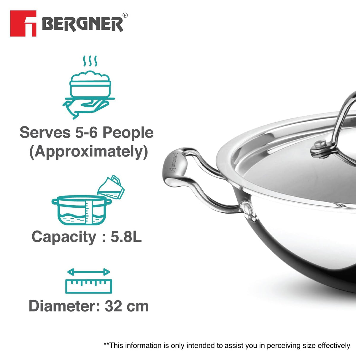 Bergner Argent TriPly Stainless Steel 32 cm Kadai with Stainless Steel Lid, 5.8 L Kadhai/Karai with Lid, Food Safe, Stay Cool Cast Handles, Dishwasher Safe, Induction and Gas Ready, 5-Year Warranty