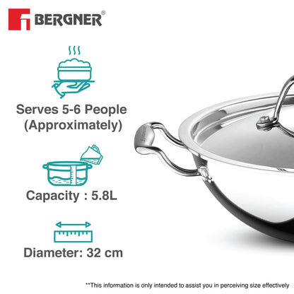 Bergner Argent TriPly Stainless Steel 32 cm Kadai with Stainless Steel Lid, 5.8 L Kadhai/Karai with Lid, Food Safe, Stay Cool Cast Handles, Dishwasher Safe, Induction and Gas Ready, 5-Year Warranty