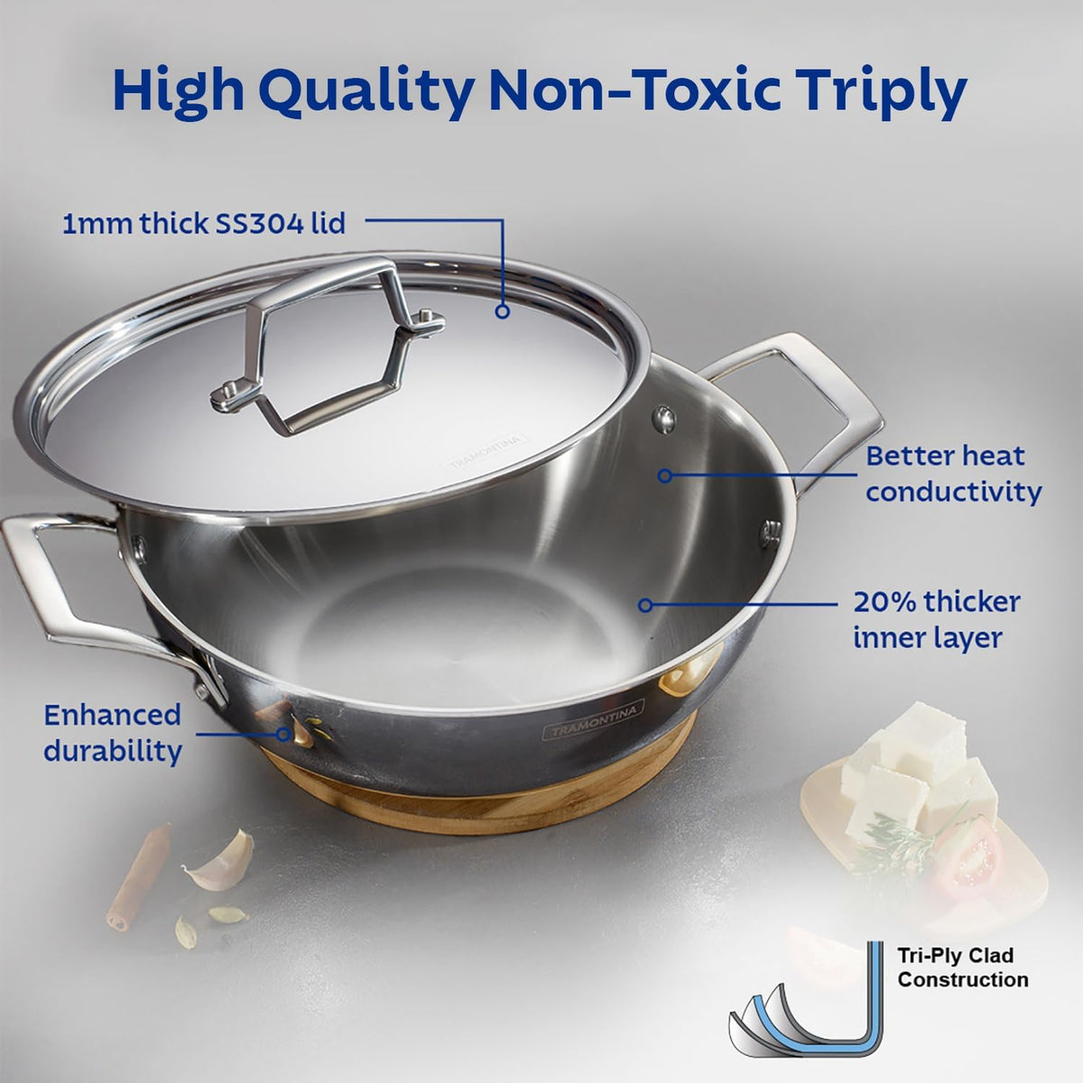 TRAMONTINA Aeion Triply 18 CM / 1.2L Stainless Steel Kadai with Lid