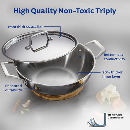 TRAMONTINA Aeion Triply 18 CM / 1.2L Stainless Steel Kadai with Lid