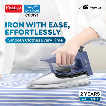 Prestige Magic Cruise 600W Dry Iron|Greblon Non-Stick Coated Sole Plate|Wide Range Of Fabric Interface|Light Weight|Neon Indicator Light|2 Year Warranty|Blue & Silver