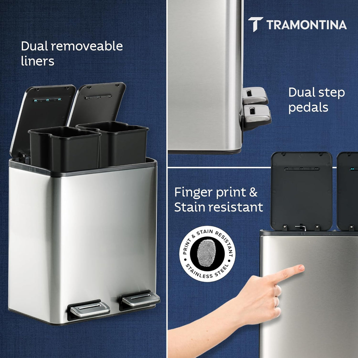 TRAMONTINA 2-in-1 Dual Compartment Dustbin 16L (8L+8L) | Stainless Steel Wet & Dry Trash Can | Soft-Close | Removable Inner Buckets | Anti-Fingerprint | Rectangle Bin