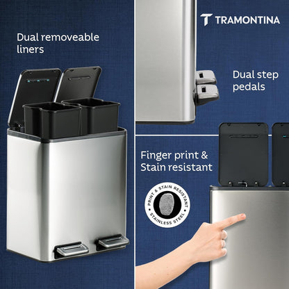 TRAMONTINA 2-in-1 Dual Compartment Dustbin 16L (8L+8L) | Stainless Steel Wet & Dry Trash Can | Soft-Close | Removable Inner Buckets | Anti-Fingerprint | Rectangle Bin