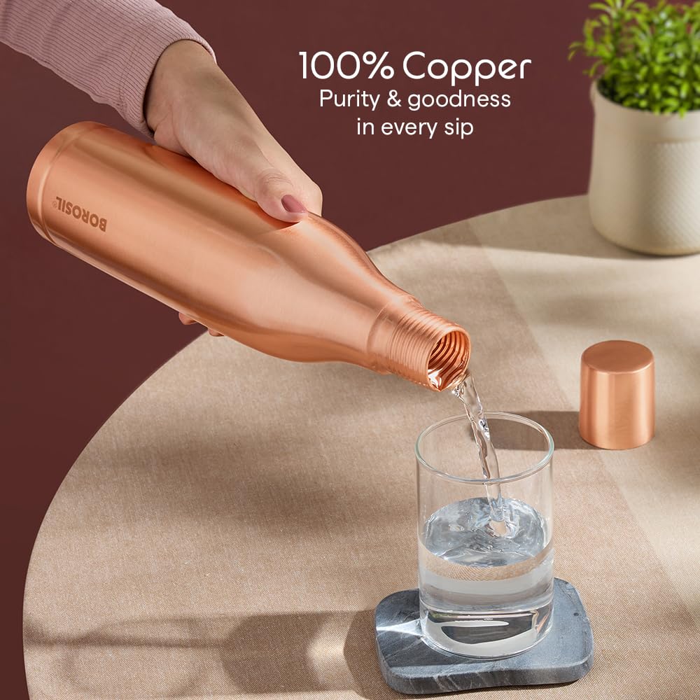 Borosil 800 ml Gemini Copper Bottle, 100% Pure Copper, BPA Free & Leakproof with Anti-Oxidant Properties of Copper Bottle for Home, School & Office