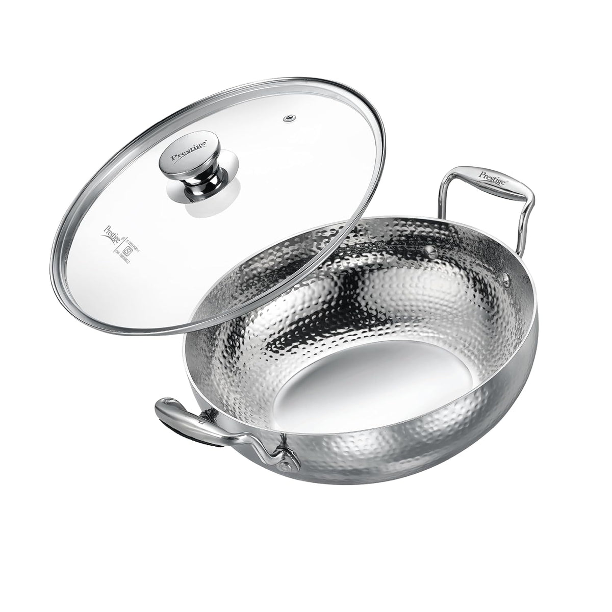 Prestige Tri Ply Hammered Stainless Steel Deep Kadai Dia 28 cm / 4.5 L with Glass Lid