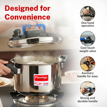 Prestige 3L Stainless Steel Flip On Mini Svachh Outerlid Pressure Cooker with Glass Lid|Deep lid for spillage control|Lid with single hand operation|Gas/Induction Compatible|5Y warranty|ISI Certified