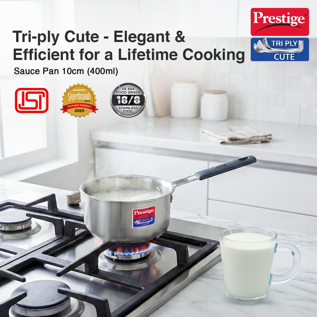Prestige 10cm/400ml Tri-Ply Stainless Steel Cute Sauce Pan|Gas & Induction Compatible| Even Heat Distribution|Perma-Cool Handles|Thick Gauge