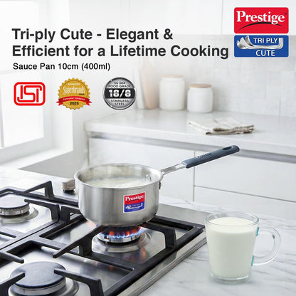 Prestige 10cm/400ml Tri-Ply Stainless Steel Cute Sauce Pan|Gas & Induction Compatible| Even Heat Distribution|Perma-Cool Handles|Thick Gauge