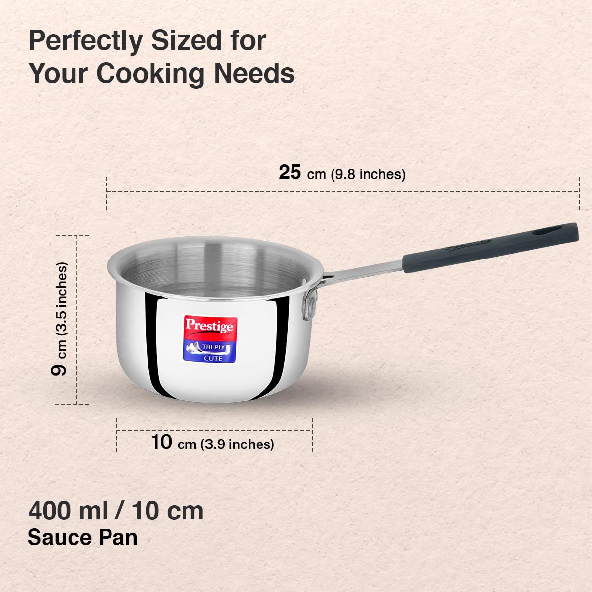 Prestige 10cm/400ml Tri-Ply Stainless Steel Cute Sauce Pan|Gas & Induction Compatible| Even Heat Distribution|Perma-Cool Handles|Thick Gauge