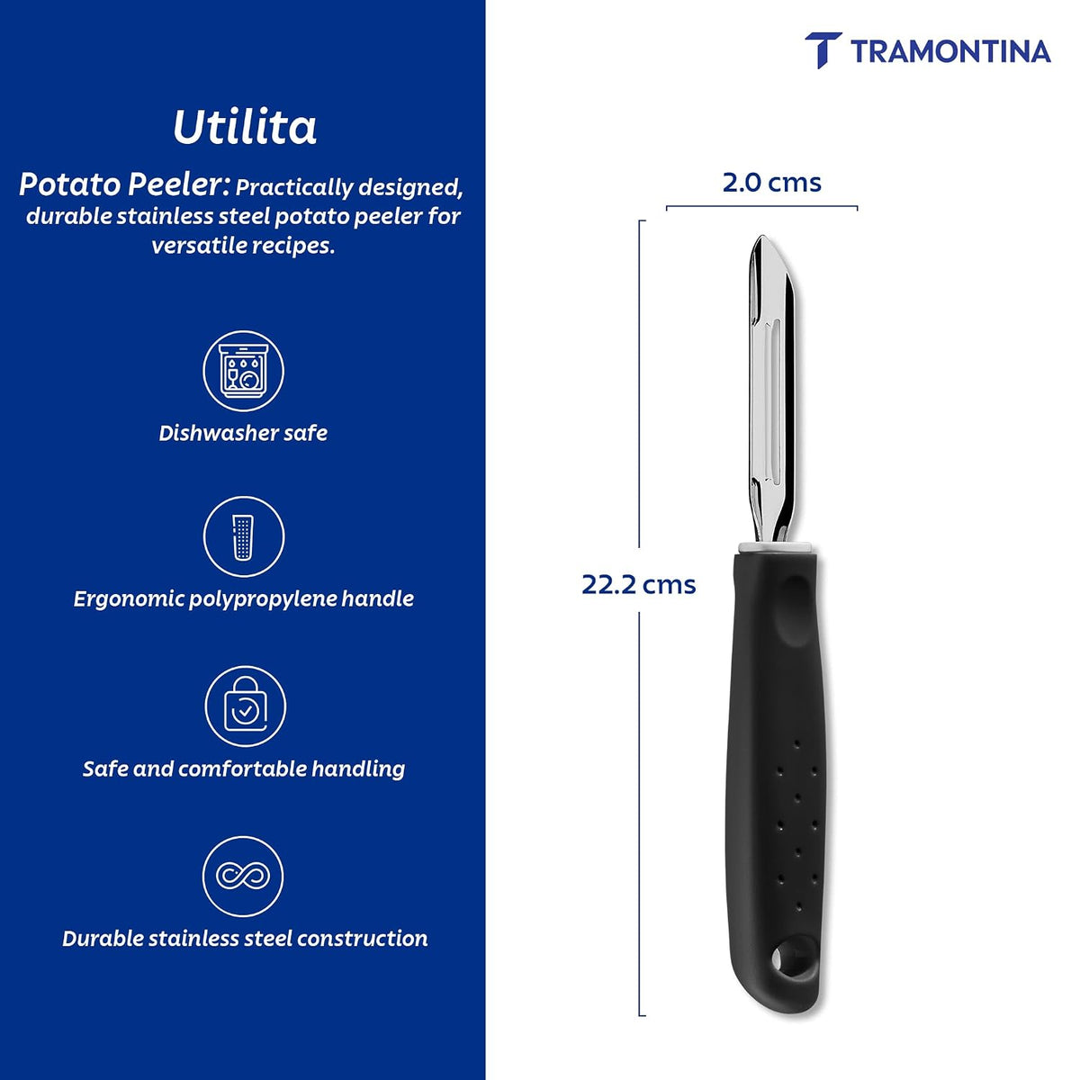 Tramontina Utilita Stainless-Steel Potato Peeler – Black Polypropylene Handle – Ideal for Peeling Potatoes, Carrots, Cucumbers, & More