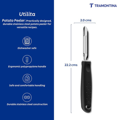 Tramontina Utilita Stainless-Steel Potato Peeler – Black Polypropylene Handle – Ideal for Peeling Potatoes, Carrots, Cucumbers, & More