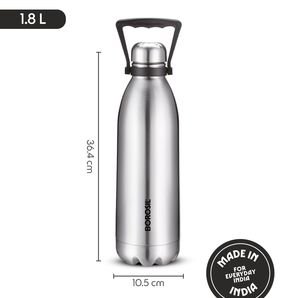 Borosil Hydra 1.8 L Bolt Stainless Steel Water Bottle | Double Wall Vacuum Insulated Flask | 24 Hours Hot and Cold | Bottle for Office, Gym, School | 1 Year Warranty | Silver