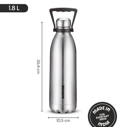 Borosil Hydra 1.8 L Bolt Stainless Steel Water Bottle | Double Wall Vacuum Insulated Flask | 24 Hours Hot and Cold | Bottle for Office, Gym, School | 1 Year Warranty | Silver
