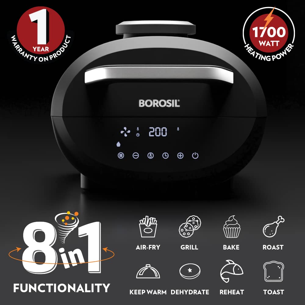 Borosil Best 6.1 L Air Fryer | 4 in 1 Function with QuickFry Technology, Auto Off Function | Air Fryer for Bake, Grill, Roast, Reheat etc. | 90% Less Oil | 2 Year Warranty | Black