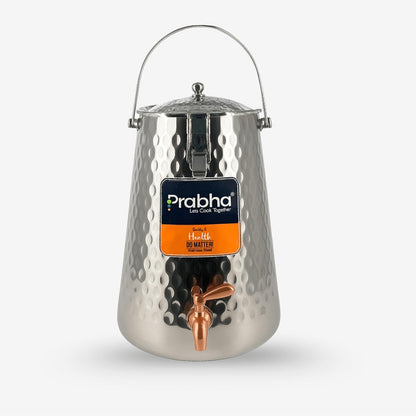 Prabha Water Container 10 Liters with Tap | Hammered Tapered Water Jug for Kitchen Storage | Stainless Steel Water Tank/Water Pot for Drinking | Handi Steel Matka Dispenser