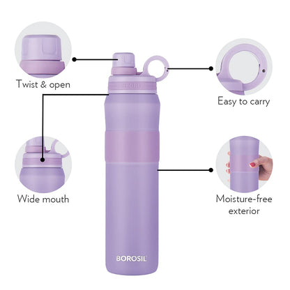 Borosil Hydra Thirst Burst Lavender 800 ml Stainless Steel Water Bottle | Double Wall Vacuum Insulated Flask | 12 Hours Hot & Cold | Ideal for Personal & Corporate Gifting | 1 Year Warranty