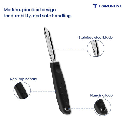 Tramontina Utilita Stainless-Steel Potato Peeler – Black Polypropylene Handle – Ideal for Peeling Potatoes, Carrots, Cucumbers, & More