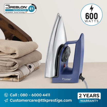 Prestige Magic Cruise 600W Dry Iron|Greblon Non-Stick Coated Sole Plate|Wide Range Of Fabric Interface|Light Weight|Neon Indicator Light|2 Year Warranty|Blue & Silver