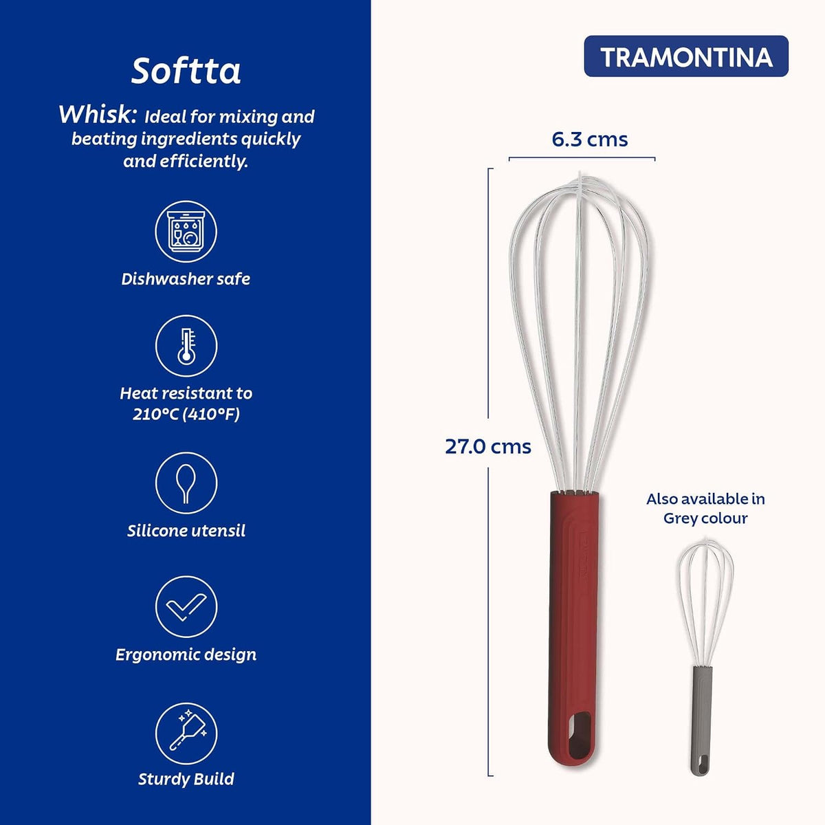 Tramontina Softta Whisk – Heat-Resistant to 210°C – Stainless Steel Wire Whisk with Non-Slip Red Rubber Grip – Perfect for Sauces, Custards, Eggs, and Blending Hot Ingredients