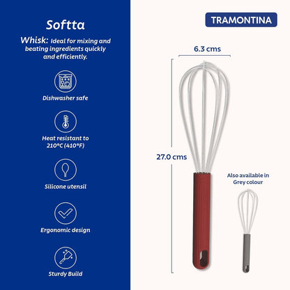 Tramontina Softta Whisk – Heat-Resistant to 210°C – Stainless Steel Wire Whisk with Non-Slip Red Rubber Grip – Perfect for Sauces, Custards, Eggs, and Blending Hot Ingredients