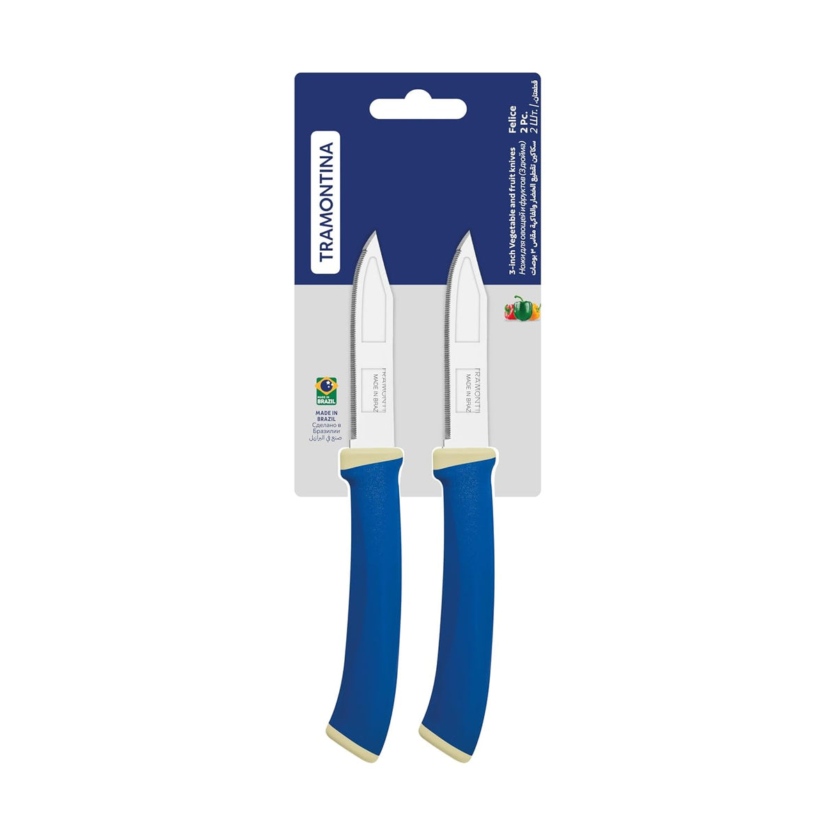 TRAMONTINA Felice 2-Piece Fruit and Vegetable Knife Set – Serrated Stainless Steel Blades with Blue Polypropylene Handles – Perfect for Fruits, Veggies, Peeling & Prep –Dishwasher Safe