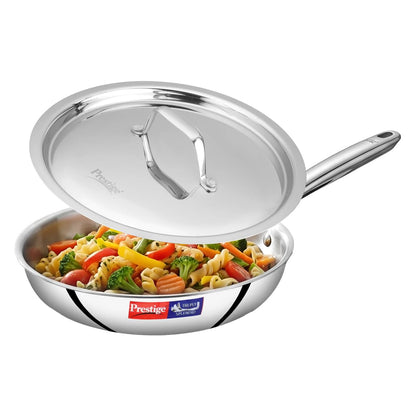 Prestige 26cm/2.3L Tri-Ply Stainless Steel Splendid Fry Pan with Lid|Gas and Induction Compatible|Even Heat Distribution| Thick Gauge Tri-Ply Body|15 Year Warranty