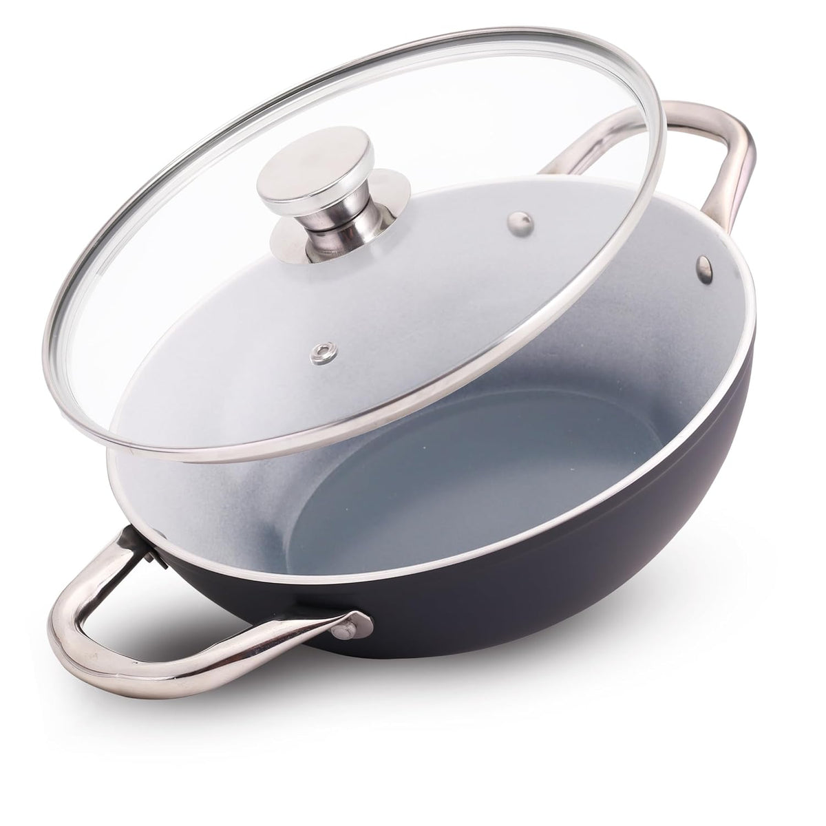 Wonderchef Eco-Glide Kadhai with Glass Lid | | Chemical-Free Ceramic Coating | 28cm, 4.3L | Healthy, Low Oil Meals | Scratch-Resistant | Stainless-Steel Handle | Gas & Induction Compatible | Grey