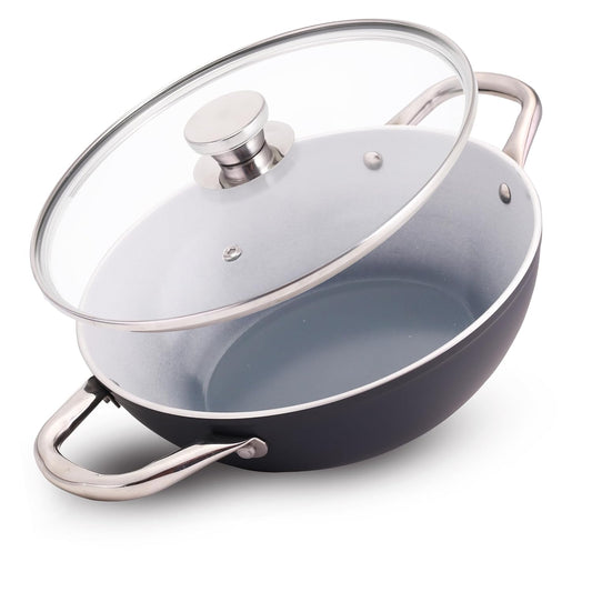 Wonderchef Eco-Glide Kadhai with Glass Lid | | Chemical-Free Ceramic Coating | 28cm, 4.3L | Healthy, Low Oil Meals | Scratch-Resistant | Stainless-Steel Handle | Gas & Induction Compatible | Grey