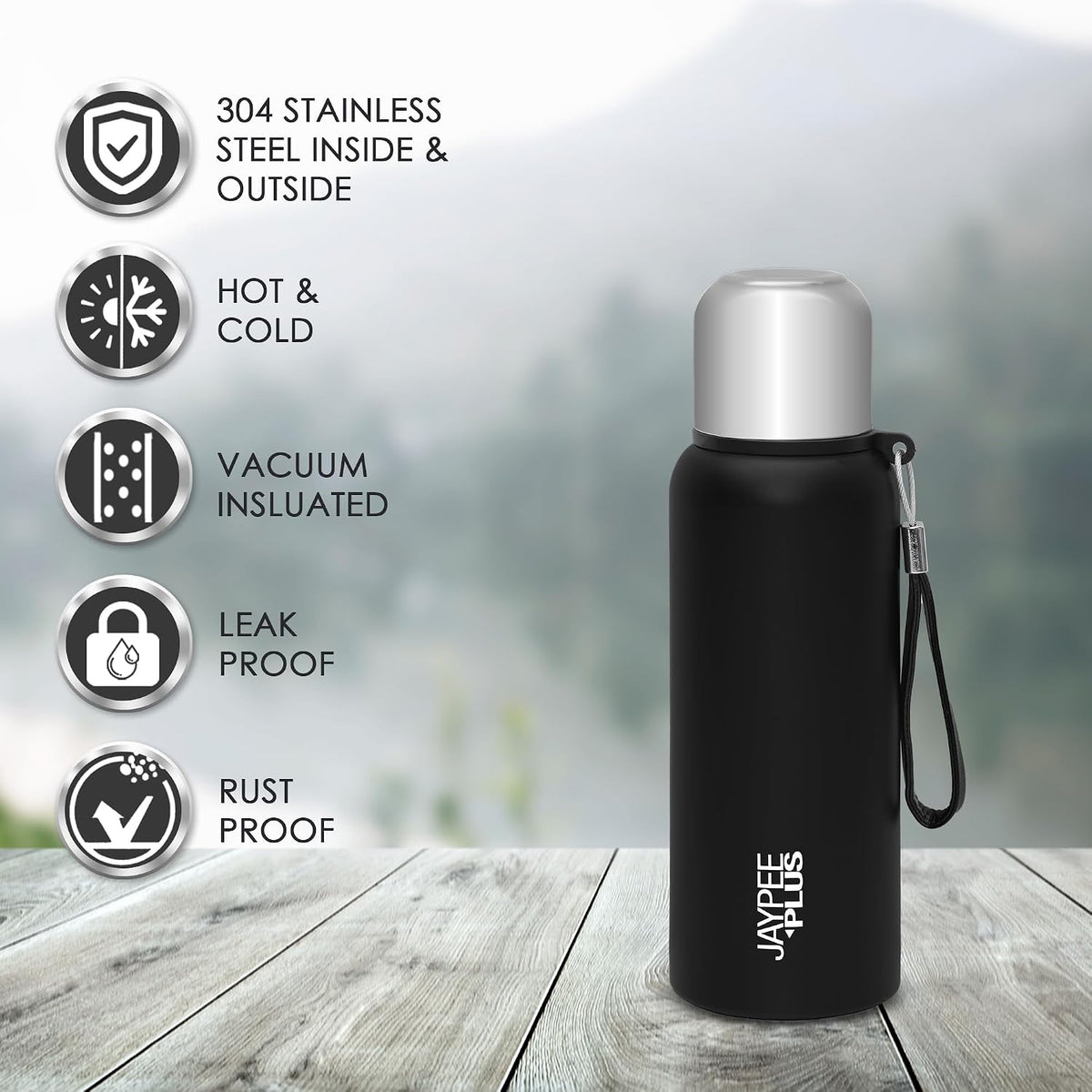 Jaypee Plus Quebec 304 Stainless Steel Double Wall Thermosteel Vaccum Insulated 24 Hours Hot and Cold Water Bottle |Leakproof Flask|Ideal for School, Office & Travel - 700 ml, (Black)