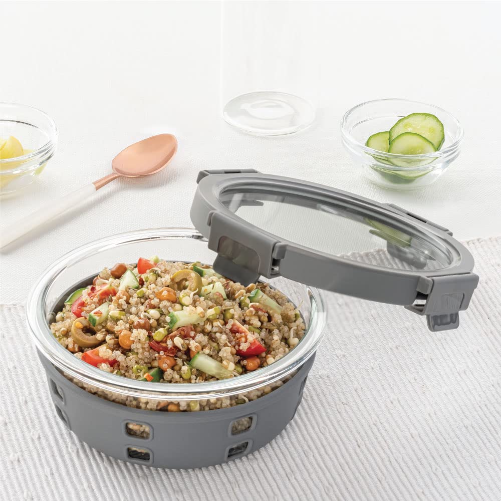 Borosil Klip-N-Store Plus 620 Ml Glass Food Storage Container For Food Storage, With Air-Tight Glass Lid & Silicone Sleeve, Round, For Carrying & Storing Food, Microwave & Oven Safe, Transparent