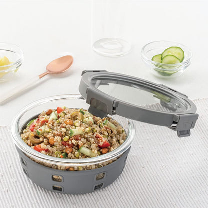 Borosil Klip-N-Store Plus 620 Ml Glass Food Storage Container For Food Storage, With Air-Tight Glass Lid & Silicone Sleeve, Round, For Carrying & Storing Food, Microwave & Oven Safe, Transparent