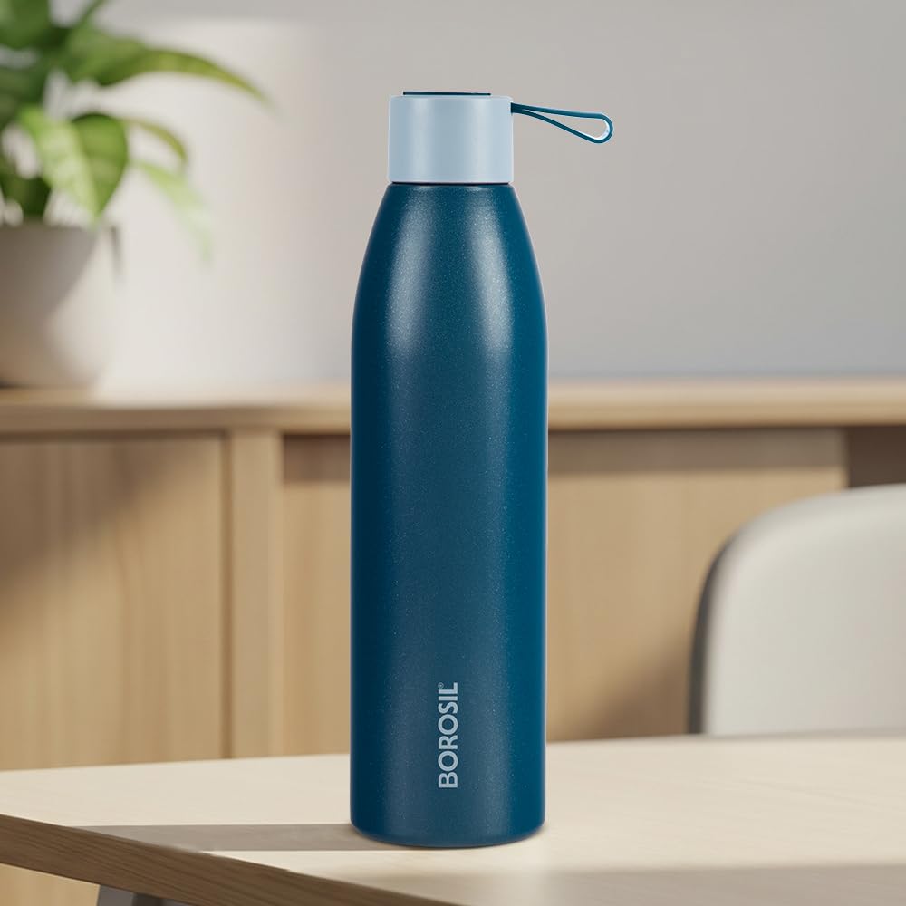 Borosil Hydra 900ml Duomate Blue Stainless Steel Bottle | 24 Hours Hot and Cold Double Wall Vacuum Insulated with Copper Coating | 1 Year Warranty