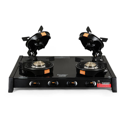 Prestige Svachh Glass Top Gas Stove with 4 Liftable Brass Burners for easy cleaning(GTSB-04)|Jumbo Brass Burner|Sturdy pan support|2 years warranty|5 years warranty on glass