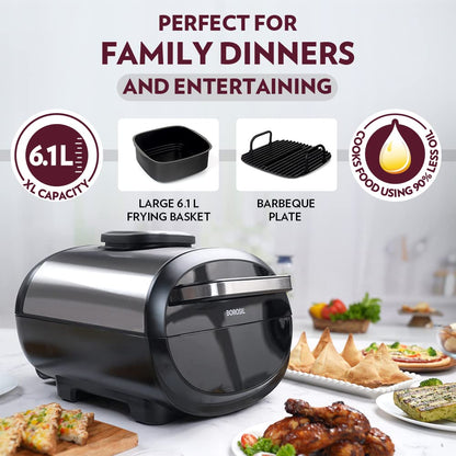 Borosil Best 6.1 L Air Fryer | 4 in 1 Function with QuickFry Technology, Auto Off Function | Air Fryer for Bake, Grill, Roast, Reheat etc. | 90% Less Oil | 2 Year Warranty | Black