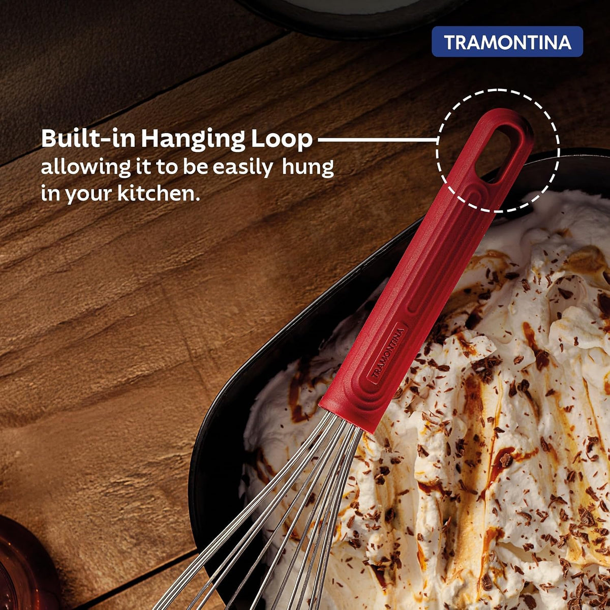 Tramontina Softta Whisk – Heat-Resistant to 210°C – Stainless Steel Wire Whisk with Non-Slip Red Rubber Grip – Perfect for Sauces, Custards, Eggs, and Blending Hot Ingredients