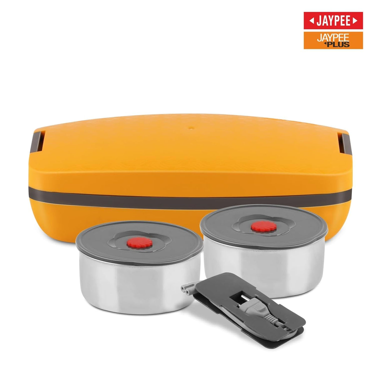 Jaypee Plus Hotpot Electric Lunch Box with 2 Removable Stainless Steel Containers 250 ml x2 with Power Cord |Air Vent on Lid |Leakproof Silicon Seal|LED Indicator |Shockproof | Yellow