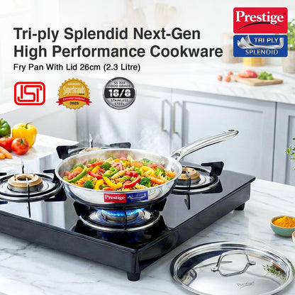 Prestige 26cm/2.3L Tri-Ply Stainless Steel Splendid Fry Pan with Lid|Gas and Induction Compatible|Even Heat Distribution| Thick Gauge Tri-Ply Body|15 Year Warranty