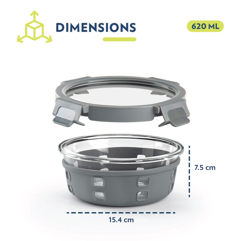 Borosil Klip-N-Store Plus 620 Ml Glass Food Storage Container For Food Storage, With Air-Tight Glass Lid & Silicone Sleeve, Round, For Carrying & Storing Food, Microwave & Oven Safe, Transparent
