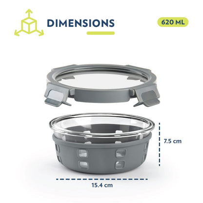 Borosil Klip-N-Store Plus 620 Ml Glass Food Storage Container For Food Storage, With Air-Tight Glass Lid & Silicone Sleeve, Round, For Carrying & Storing Food, Microwave & Oven Safe, Transparent