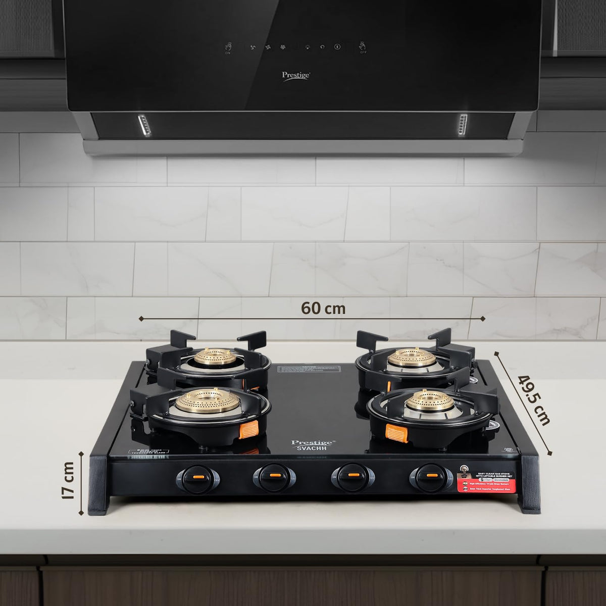 Prestige Svachh Glass Top Gas Stove with 4 Liftable Brass Burners for easy cleaning(GTSB-04)|Jumbo Brass Burner|Sturdy pan support|2 years warranty|5 years warranty on glass