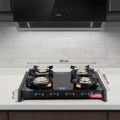 Prestige Svachh Glass Top Gas Stove with 4 Liftable Brass Burners for easy cleaning(GTSB-04)|Jumbo Brass Burner|Sturdy pan support|2 years warranty|5 years warranty on glass