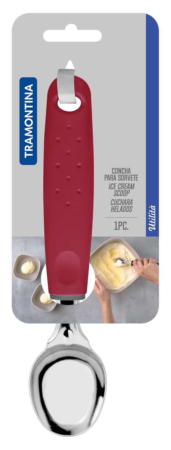 Tramontina Utilita Multi-Use Ice Cream Scoop – Stainless-Steel Bowl, Red Grip Handle– Perfect for Ice Cream, Frozen Yogurt, Cookie Dough & More