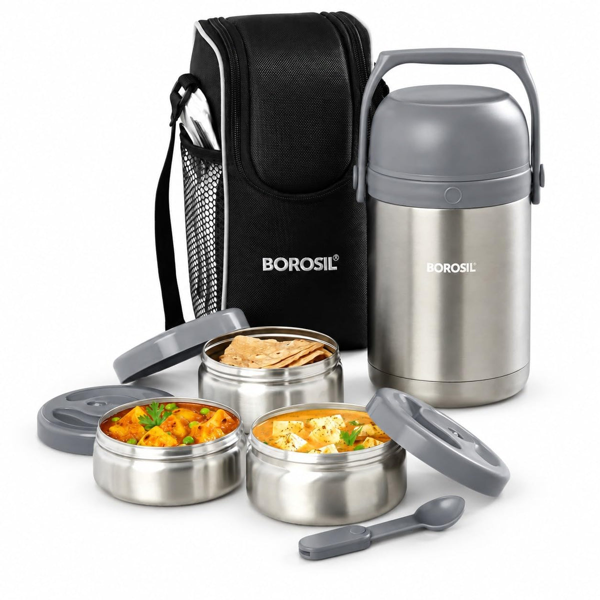 Borosil - Hot-N-Fresh Stainless Steel Insulated Lunch Box, Set of 3 (1pcs 350 ml + 2pcs 420 ml), Grey