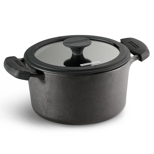 Tramontina TITANEX 20cm / 3.1L Pre-Seasoned Heritage Cast Iron Casserole with Toughened Glass Lid | Gas/Induction Compatible Biryani Pot | Stock Pot with Snap-On Silicone Grips | Life-Time Warranty