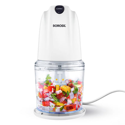 Borosil Chef Delite 260 Watts Electric Chopper for Kitchen, Twin Blade Technology, 500 ml 'chop-n-store' plastic bowl with lid, Vegetable Chopper, Cutter, Chop, Mince, Dice, Whisk, Blend, Transparent