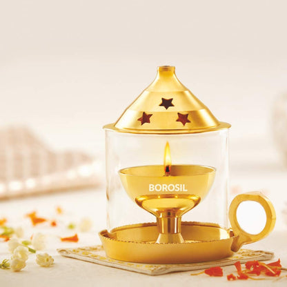 Borosil Small Size Mangal Diya Decorative Brass Oil Lamp with Borosilicate Glass Cover | Tea Light Holder | Puja Dia for Mandir | Lantern Deepam