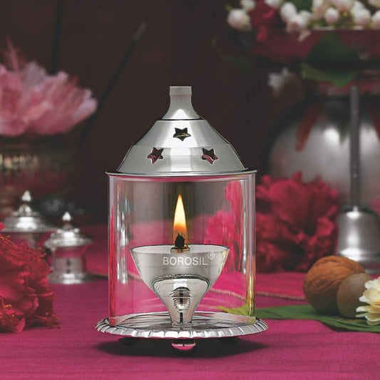 Borosil Small Size Akhand Diya Decorative Nickel Glass Oil Lamp | Tea Light Holder | Diya with Borosilicate Glass | Puja Dia for Mandir | Lantern Diya with Glass Cover, Nickel Diya